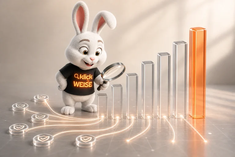 Klickweise-Maskottchen visualisiert KI-Zitationsindex in einer eigenständigen Mess- und Analyseszene.